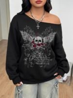 Elorivane Women Plus Size Grey Wash Sweatshirt, Asymmetrical Shoulder Grommet Long Sleeve Y2K Fall Winter Top - Image 49