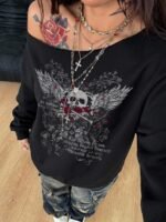 Elorivane Women Plus Size Grey Wash Sweatshirt, Asymmetrical Shoulder Grommet Long Sleeve Y2K Fall Winter Top - Image 47