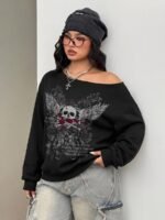 Elorivane Women Plus Size Grey Wash Sweatshirt, Asymmetrical Shoulder Grommet Long Sleeve Y2K Fall Winter Top - Image 50
