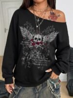 Elorivane Women Plus Size Grey Wash Sweatshirt, Asymmetrical Shoulder Grommet Long Sleeve Y2K Fall Winter Top - Image 44