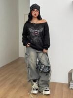Elorivane Women Plus Size Grey Wash Sweatshirt, Asymmetrical Shoulder Grommet Long Sleeve Y2K Fall Winter Top - Image 48