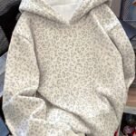 Elorivane Women's Autumn Winter Sweatshirt, Vintage White Grey Leopard Print / Solid Color with Pocket, Long Sleeve Casual Back To School Top
