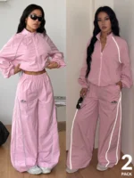 Elorivane Women White 2-Piece Outfit, Reflective Lapel Coat & Parachute Cargo Pants, Streetwear Athleisure Set - Image 34
