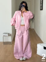 Elorivane Women White 2-Piece Outfit, Reflective Lapel Coat & Parachute Cargo Pants, Streetwear Athleisure Set - Image 35