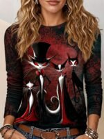 Elorivane Plus Size Witch Hat Print Crew Neck Long Sleeve Top for Fall Daily Wear - Image 5