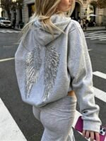 Elorivane Women's Light Grey Angel Wings Sweatshirt, Sequin Embroidery Y2K Dropped Shoulder Fall - Image 27