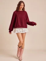 Elorivane Women Fleece Crochet Lace Sweatshirt, Crewneck Raglan Boxy Fit Western Cowgirl Fall Rodeo Top - Image 19