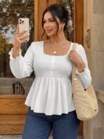 Elorivane Plus Size White Doll Blouse, Long Sleeve Elegant Top, Autumn Brunch Date Night Outdoor Wear - Image 5