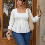 Elorivane Plus Size White Doll Blouse, Long Sleeve Elegant Top, Autumn Brunch Date Night Outdoor Wear