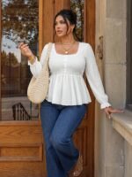 Elorivane Plus Size White Doll Blouse, Long Sleeve Elegant Top, Autumn Brunch Date Night Outdoor Wear - Image 3