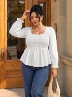 Elorivane Plus Size White Doll Blouse, Long Sleeve Elegant Top, Autumn Brunch Date Night Outdoor Wear - Image 6