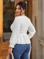 Elorivane Plus Size White Doll Blouse, Long Sleeve Elegant Top, Autumn Brunch Date Night Outdoor Wear - Image 4