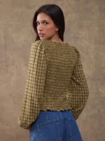 Elorivane Women Rust Brown Plaid Embroidered Blouse, Smocked Boatneck Long Puff Sleeve Ruffle Hem Western Cowgirl Fall Top - Image 14