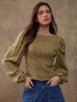 Elorivane Women Rust Brown Plaid Embroidered Blouse, Smocked Boatneck Long Puff Sleeve Ruffle Hem Western Cowgirl Fall Top - Image 15