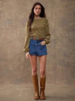Elorivane Women Rust Brown Plaid Embroidered Blouse, Smocked Boatneck Long Puff Sleeve Ruffle Hem Western Cowgirl Fall Top - Image 18