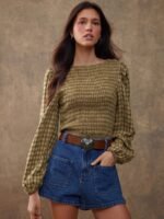 Elorivane Women Rust Brown Plaid Embroidered Blouse, Smocked Boatneck Long Puff Sleeve Ruffle Hem Western Cowgirl Fall Top - Image 13