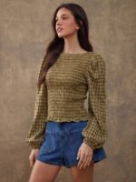 Elorivane Women Rust Brown Plaid Embroidered Blouse, Smocked Boatneck Long Puff Sleeve Ruffle Hem Western Cowgirl Fall Top - Image 16