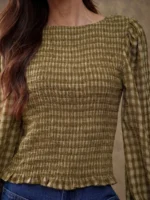 Elorivane Women Rust Brown Plaid Embroidered Blouse, Smocked Boatneck Long Puff Sleeve Ruffle Hem Western Cowgirl Fall Top - Image 17