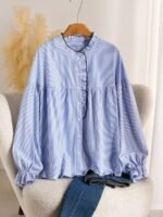 Elorivane Plus Size Striped Blouse, Long Sleeve Casual Shirt, Autumn Winter Daily Office Work Top - Image 3