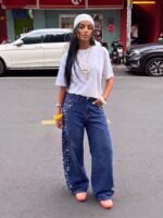 Elorivane Women's Low Waist Wide Leg Blue Jeans, Curved Hem Distressed Denim