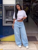 Elorivane Women's Low Waist Wide Leg Blue Jeans, Distressed Curved Hem Denim - Image 12