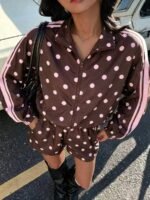 Elorivane Women Polka Dot Striped Plaid Lapel Jacket, Loose Long Sleeve Casual Fall Winter Shirt, Back To School Elegant Apparel - Image 2