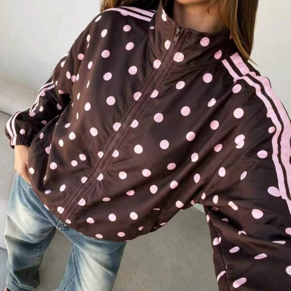 Elorivane Women Polka Dot Striped Plaid Lapel Jacket, Loose Long Sleeve Casual Fall Winter Shirt, Back To School Elegant Apparel