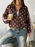 Elorivane Women Polka Dot Striped Plaid Lapel Jacket, Loose Long Sleeve Casual Fall Winter Shirt, Back To School Elegant Apparel - Image 3