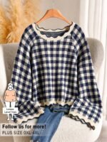 Elorivane Plus Size Black White Plaid Sweater, 80s Style Long Sleeve Versatile Autumn Casual Top - Image 25