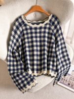 Elorivane Plus Size Black White Plaid Sweater, 80s Style Long Sleeve Versatile Autumn Casual Top - Image 27