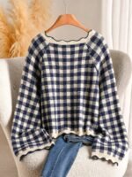 Elorivane Plus Size Black White Plaid Sweater, 80s Style Long Sleeve Versatile Autumn Casual Top - Image 26