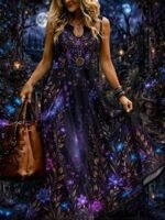 Elorivane Plus Size Black White Colorblock Sleeveless Dress Skeleton Floral Spider Web Print Notched Neck Loose Gothic Casual Dress for Halloween - Image 18