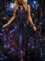 Elorivane Plus Size Black White Colorblock Sleeveless Dress Skeleton Floral Spider Web Print Notched Neck Loose Gothic Casual Dress for Halloween - Image 16