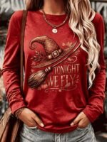 Elorivane Plus Size Witch Hat Print Crew Neck Long Sleeve Top for Fall Daily Wear - Image 17