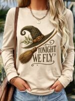 Elorivane Plus Size Witch Hat Print Crew Neck Long Sleeve Top for Fall Daily Wear - Image 22