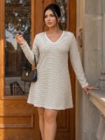Elorivane Plus Size Striped V-Neck Dress, Casual Everyday Outfit for Brunch Office, Summer Fall Wear - Image 3