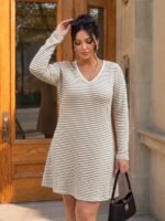 Elorivane Plus Size Striped V-Neck Dress, Casual Everyday Outfit for Brunch Office, Summer Fall Wear - Image 5