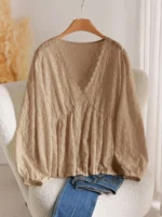 Elorivane Plus Jacquard Top, Apricot Lace Trim Fall Blouse - Image 25