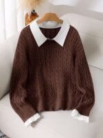 Elorivane Plus Size Brown Cable Knit Sweater, 90s Korean Lace Patchwork Pullover, Autumn Office Casual Top - Image 26