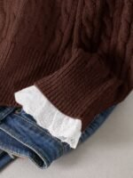 Elorivane Plus Size Brown Cable Knit Sweater, 90s Korean Lace Patchwork Pullover, Autumn Office Casual Top - Image 25