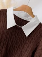 Elorivane Plus Size Brown Cable Knit Sweater, 90s Korean Lace Patchwork Pullover, Autumn Office Casual Top - Image 27
