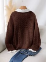 Elorivane Plus Size Brown Cable Knit Sweater, 90s Korean Lace Patchwork Pullover, Autumn Office Casual Top - Image 24
