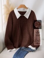 Elorivane Plus Size Brown Cable Knit Sweater, 90s Korean Lace Patchwork Pullover, Autumn Office Casual Top - Image 23