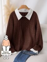 Elorivane Plus Size Brown Cable Knit Sweater, 90s Korean Lace Patchwork Pullover, Autumn Office Casual Top - Image 29