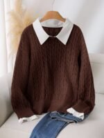 Elorivane Plus Size Brown Cable Knit Sweater, 90s Korean Lace Patchwork Pullover, Autumn Office Casual Top - Image 28