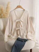 Elorivane Lace Patchwork Blouse, V-Neck Long Sleeve Front Tie Bow Shirt, Autumn Winter Loose Casual Holiday Top - Image 3