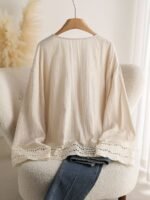 Elorivane Lace Patchwork Blouse, V-Neck Long Sleeve Front Tie Bow Shirt, Autumn Winter Loose Casual Holiday Top - Image 2