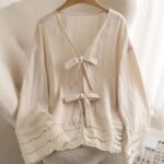 Elorivane Lace Patchwork Blouse, V-Neck Long Sleeve Front Tie Bow Shirt, Autumn Winter Loose Casual Holiday Top