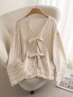 Elorivane Lace Patchwork Blouse, V-Neck Long Sleeve Front Tie Bow Shirt, Autumn Winter Loose Casual Holiday Top