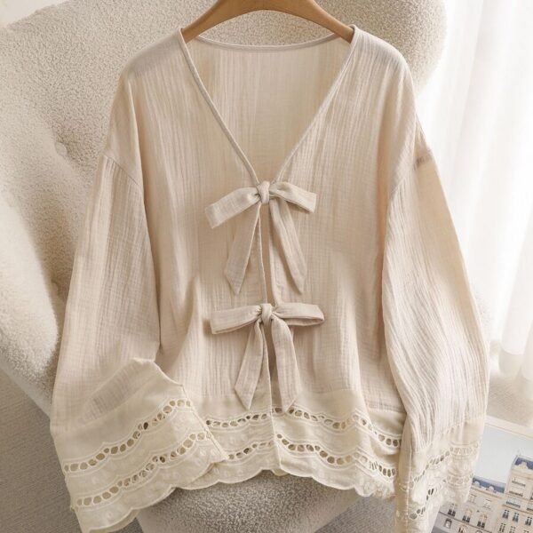 Elorivane Lace Patchwork Blouse, V-Neck Long Sleeve Front Tie Bow Shirt, Autumn Winter Loose Casual Holiday Top